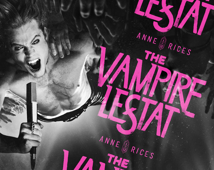 Lestat de Lioncourt with microphone The Vampire Lestat title card — Black Phoenix Alchemy Lab x AMC licensed perfume collection, Anne Rice's Immortal Universe
