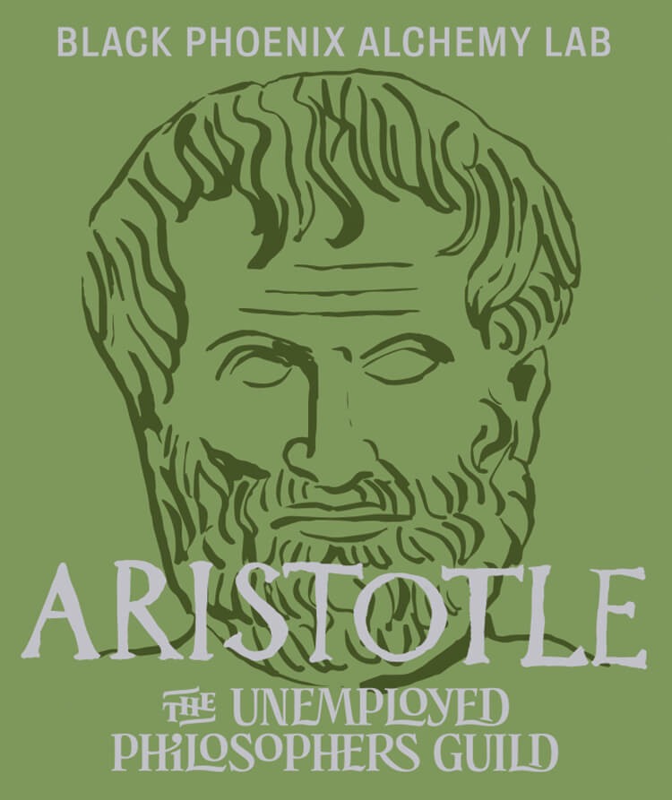 Illustration of a classical bust with 'Aristotle' text on a green background, featuring 'Black Phoenix Alchemy Lab' and 'The Unemployed Philosophers Guild'.