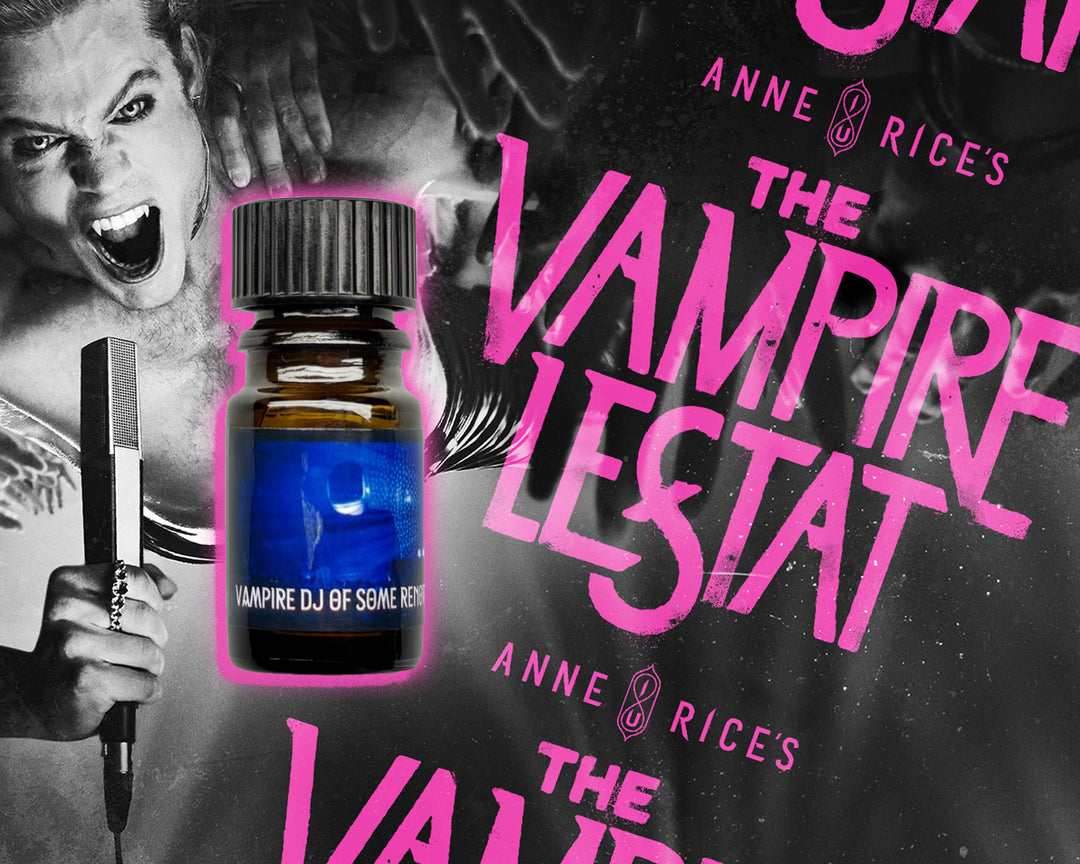 Vampire DJ of Some Renown perfume oil bottle by Black Phoenix Alchemy Lab, The Vampire Lestat x Interview with the Vampire licensed fragrance, Anne Rice&