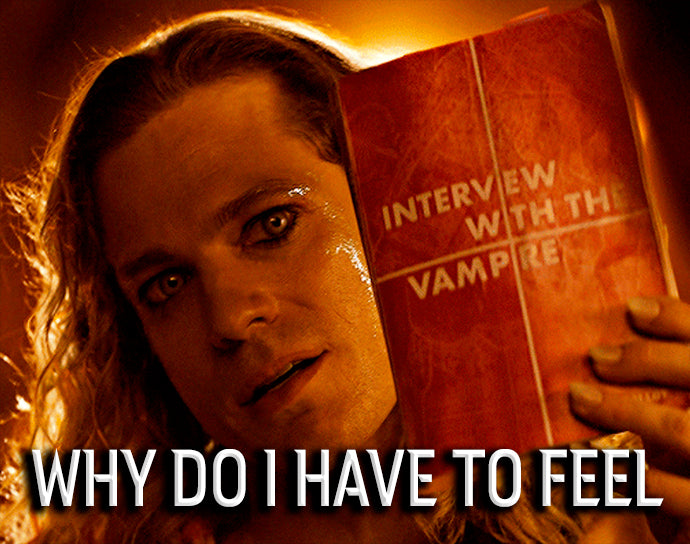 Why Do I Have to Feel title card — Lestat holding Interview with the Vampire book — The Vampire Lestat x AMC, Interview with the Vampire Season 3
