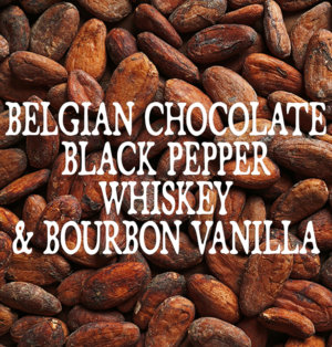 Decorative image for Belgian Chocolate, Black Pepper, Whiskey, and Bourbon Vanilla, text against a background of cocoa beans