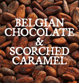 Decorative image for Belgian Chocolate and Scorched Caramel, text against a background of cocoa beans