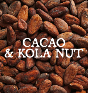 Decorative image for Cacao and Kola Nut, text against a background of cocoa beans