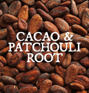 Decorative image for Cacao and Patchouli Root, text against a background of cocoa beans