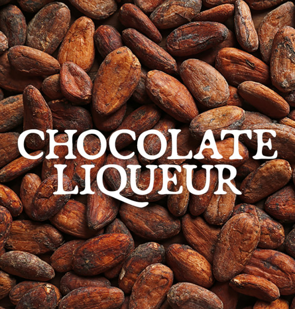 Decorative image for Chocolate Liqueur, text against a background of cocoa beans