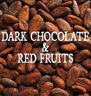 Decorative image for Dark Chocolate and Red Fruits, text against a background of cocoa beans