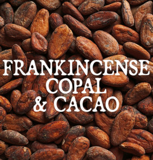 Decorative image for Frankincense, Copal, and Cacao, text against a background of cocoa beans