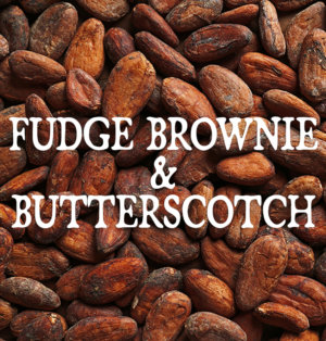 Decorative image for Fudge Brownie and Butterscotch, text against a background of cocoa beans
