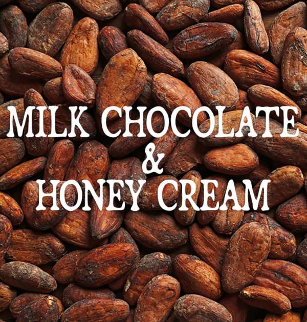 Decorative image for Milk Chocolate and Honey Cream, text against a background of cocoa beans