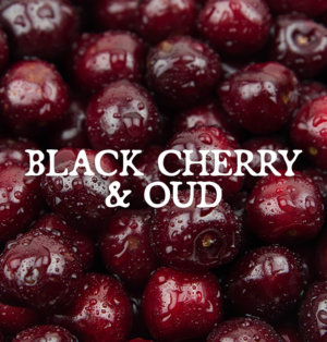Decorative image for Black Cherry and Oud, text against a background of cherries