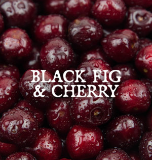 Decorative image for Black Fig and Cherry, text against a background of cherries