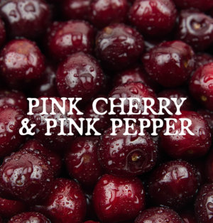 Decorative image for Pink Cherry and Pink Pepper, text against a background of cherries