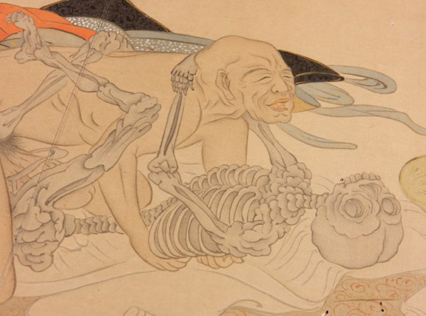 Label image for Old Buddhist Monk Penetrating a Skeleton featuring Edo-era Shunga art