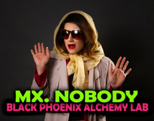 label for mx. nobody oil featuring a photograph of the current mx. nobody