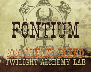 label for fontium oil that says fontium 2020 lunacy blend twilight alchemy lab
