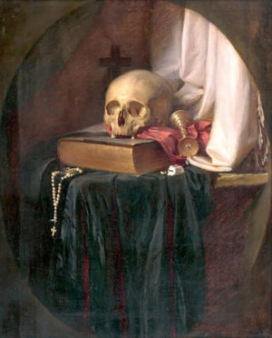 Skull with rosary, crucifix, book