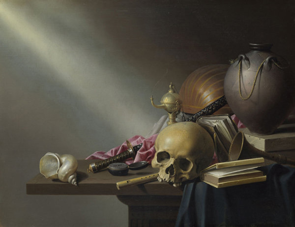 skull with shell, books, and a crumple of blush pink and night blue silk