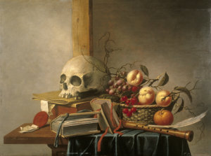 Vanitas image featuring books, fruit, a skull, and a recorder