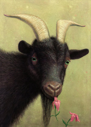 Painting of a black goat eating a pink flower