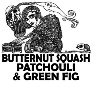 Text that says BUTTERNUT SQUASH, PATCHOULI, AND GREEN FIG