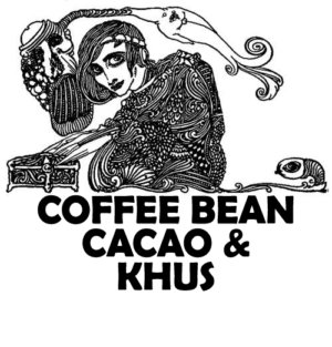 Text that says COFFEE BEAN, CACAO, AND KHUS
