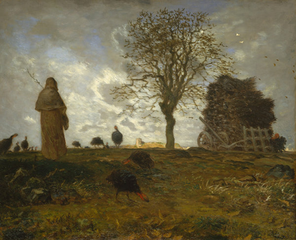 Painting of a man in a field caring for a flock of turkeys