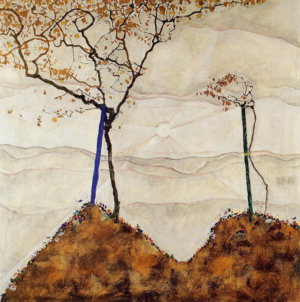 Painting of two barren trees on a leaf strewn hill with a pale sun shining on a white background