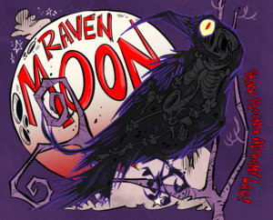 Illustration of a raven, the moon, and a skeleton within the raven that says Raven Moon