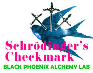 Illustration of blue social media bird with three daggers in it that reads Schrodinger's Checkmark