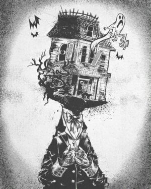 man with a haunted house for a head